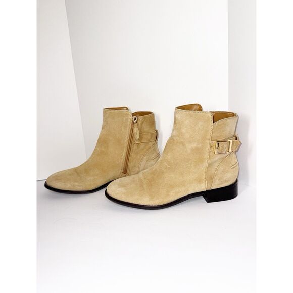 Talbots Tish  Ankle Boots Buckle Bootie Beige Suede Leather Zip Low Block Heel 8 - Picture 2 of 16